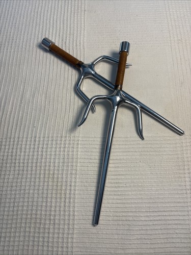 Pair of Chrome Octagonal Martial Arts Sai Set Brown Wrapped Handles