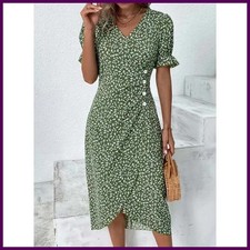 Elegant Floral Pleated H shaped Midi Dress Female V Neck Puff Sleeve Waist