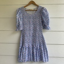 LoveShackFancy Luppa Smocked Mini Dress L Blue Floral Ruffle Boho Short Sleeve