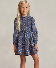 POLO Ralph Lauren Smoked Dress 10 Floral Knee Long Sleeve Purple