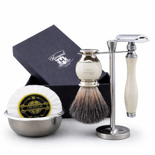 Mens 5PCS Grooming Kit with Synthetic Badger Shaving Brush DE Safety Razor Set