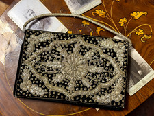 Vintage Zardozi Embroidered golden flower Velvet Bag Handbag Purse Boho Clutch