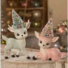 Set of 2 Bethany Lowe Pastel Pink Aqua Blue Reindeer Deer Bottle Brush Tree NEW