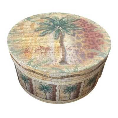 Round Decorative Storage Hat Box Palm Tree Tropical Coastal Script Print Rope Ha