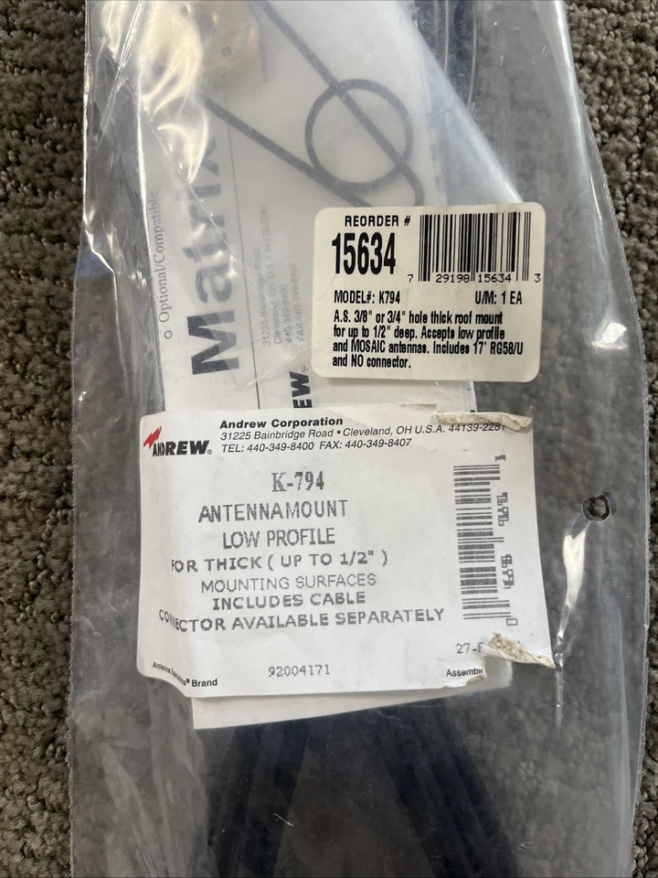 Andrew K794 Antena de mosaico de bajo perfil montaje en techo grueso cable RG-58/U Foto 2 de 4