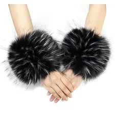 Women's Faux Fur Wrist Cuffs Winter Fox Furry Wristbands Fluffy Black white