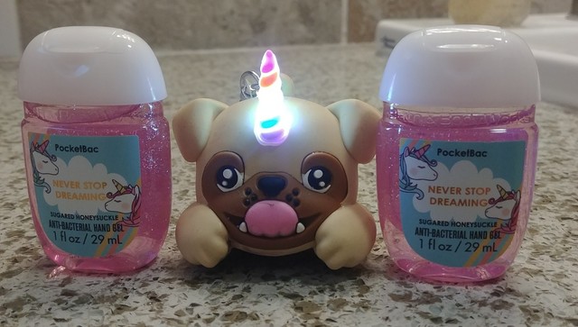 Bath Body Works Pug Unicorn Light Up Pocketbac Holder 2 Hand Sanitizers