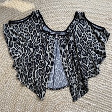Vintage womens black Leopard made in USA cold shoulder wrap shirt top sz.M 