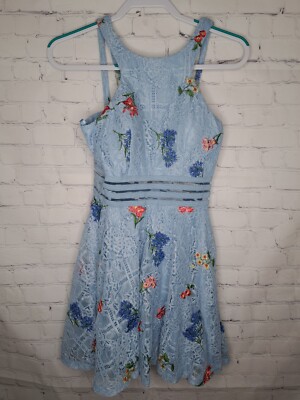 Jodi Kristopher Women's Blue Floral Lace Embroidered Boat Neck A-Line Dress  SZ 7