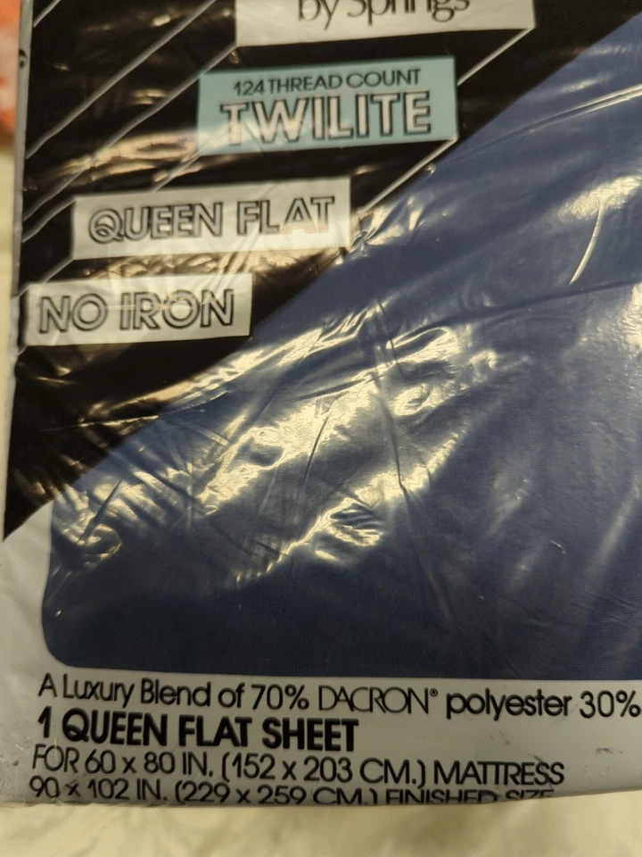 Vtg QUEEN Flat Sheet Performance by Springs Navy Blue No Iron Percale NOS  - Image 2 of 4