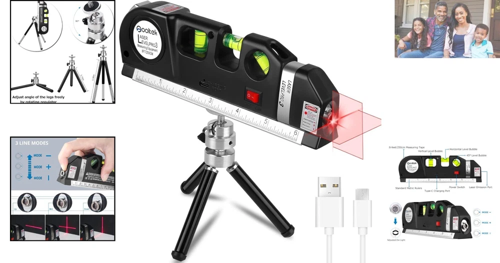 Adjustable Laser Level Line Tool with Metal Tripod Stand & 8-Foot Measuring Tape