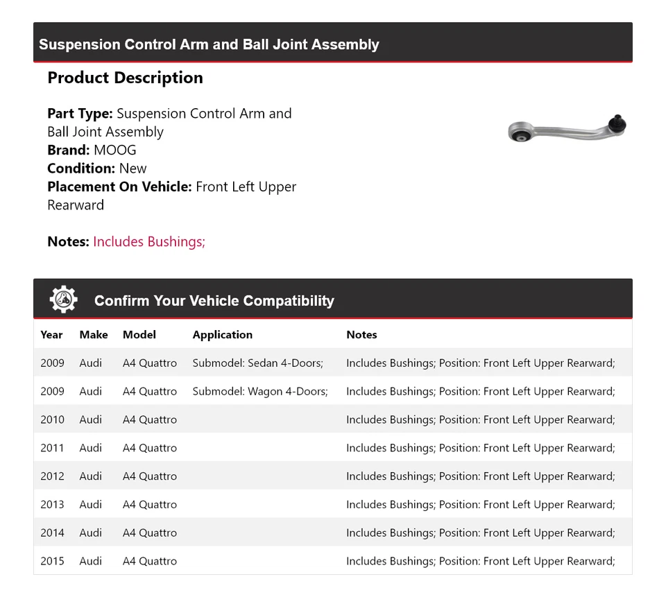 For 2009-2015 Audi A4 Quattro Control Arm Front Left Upper Rearward MOOG 2009 - Image 2 of 4
