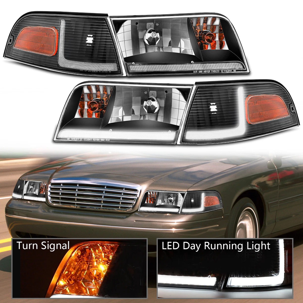 Chrome Headlight W/LED DRL For 1998-2011 Ford Crown Victoria+Corner Signal Lamp