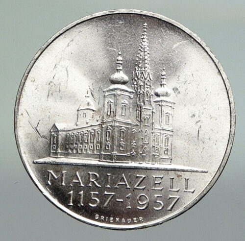 1957 AUSTRIA w MARIAZELL BASILICA Church Chapel Silver 25 Schilling Coin i92223 - Afbeelding 1 van 3