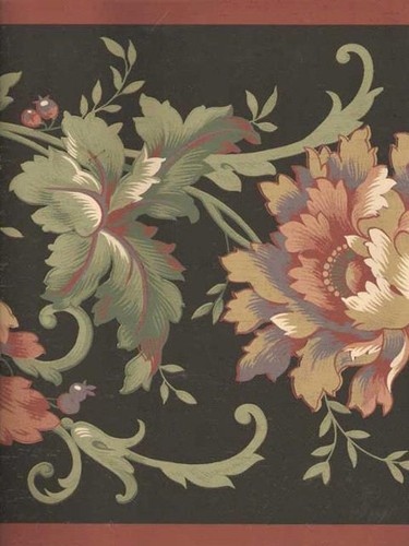 JACOBEAN CORAL FLORALON BLACK WALLPAPER BORDER