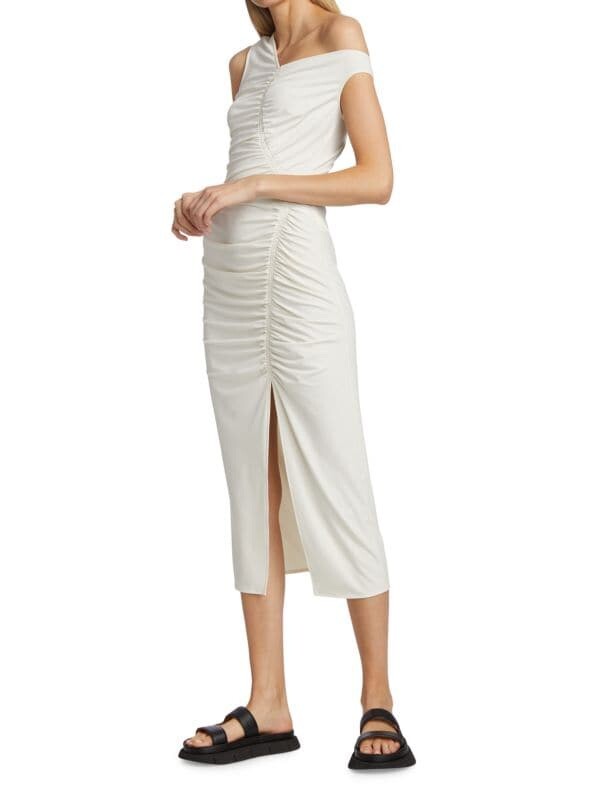 knee length dresses for ladies Ruched Off-Shoulder Midi Dress | Built-In Shapewear
