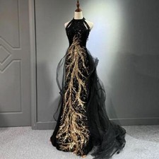 Womens Hanging Neck Sleeveless Evening Dress Black Fishtail Dress Cocktail Dress