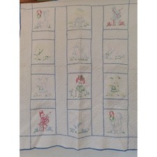 Hand Embroidered 42x33 Quilt Baby Nursery Bedding Decorative Panels Vintage
