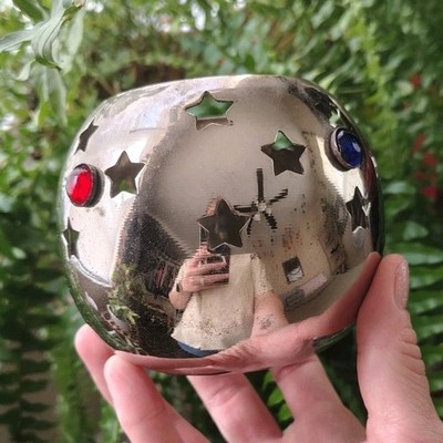 Vintage Silver Metal Candle Bowl with Star Cutouts, Colored Glass Accents