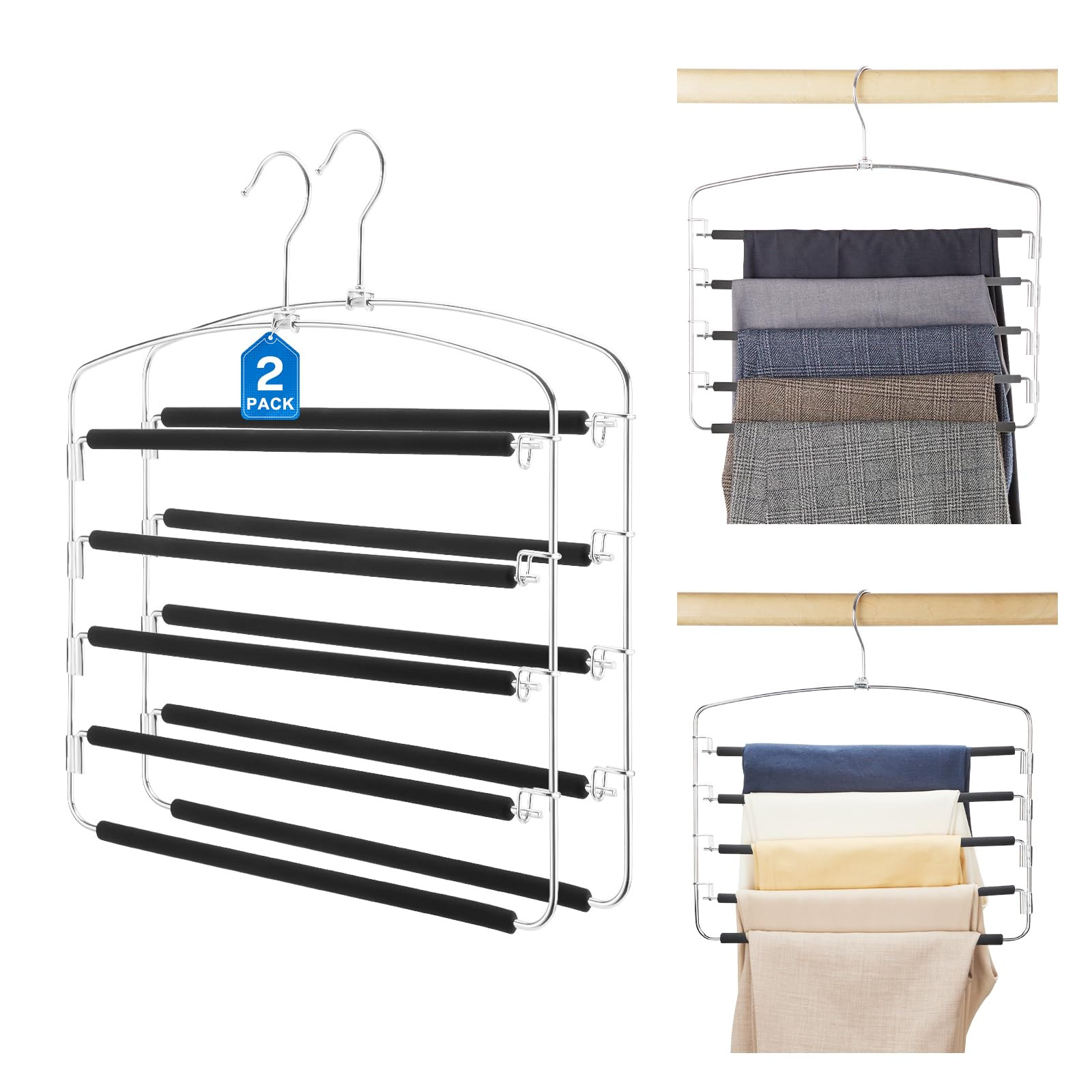 Magic Pants Hangers 2-Pack Space-Saving Metal Closet Organizer for Multiple Garments