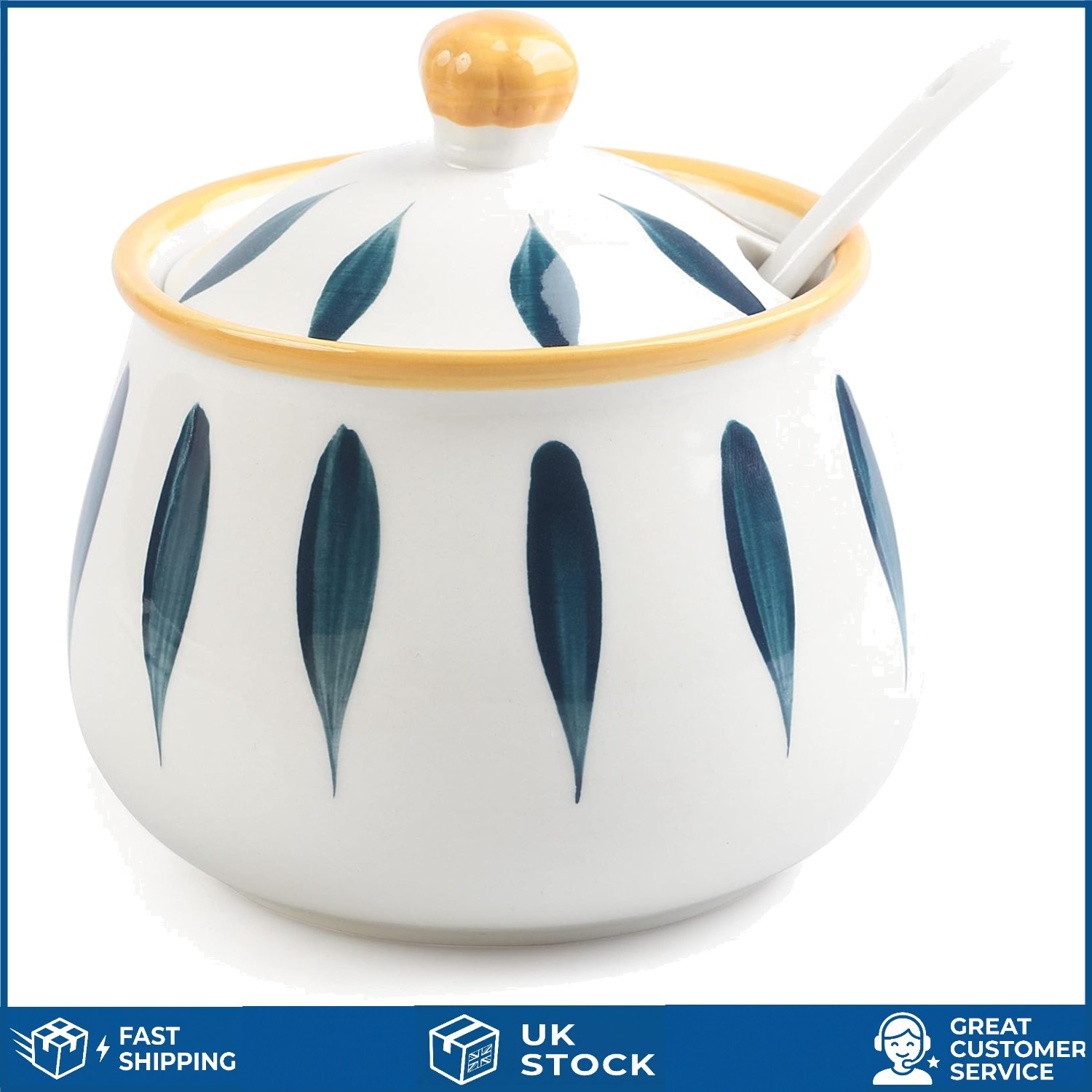 Elegant Porcelain Sugar Bowl with Lid and Spoon Ceramic Jar 430ml 11x10cm