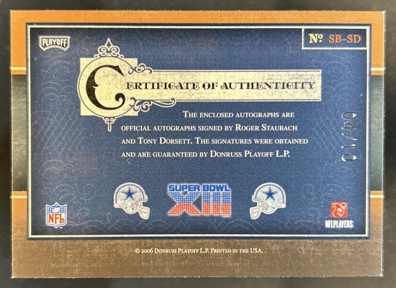 2006 National Treasures Roger Staubach Tony Dorsett Super Bowl Auto #/10 view 2