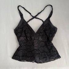 Vintage Y2K Bebe Top Sz S Silk Trim Babydoll Black Lace Tie Cross Back Romantic