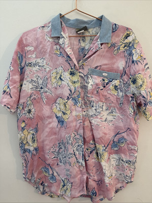 TEDDI Vintage Sz L Pink Blue Tropical Palm Tree Print Denim Collar Button Down