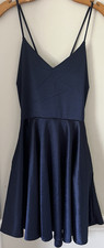 Windsor Navy Blue Satin Fit Flare Mini Dress V-Neck Sleeveless Size M