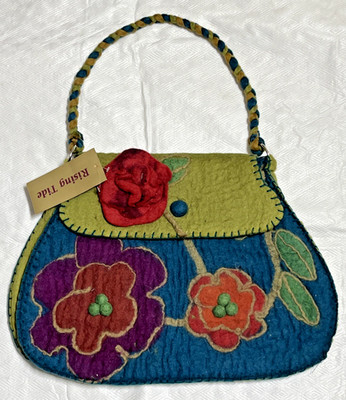 Rising Tide Felted Wool Shoulder Bag Purse Blue Green Floral Boho Nepal NWT