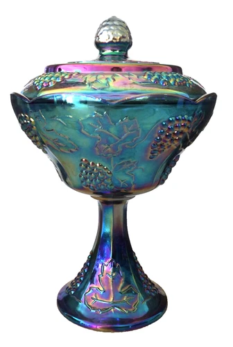 Vintage Large 10” Indiana Blue Carnival Glass Harvest Grape Compote Pedestal