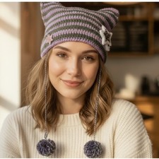 Y2K Striped Cat Ear Beanie Pom Pom Hat Green Purple Knit E-Girl Winter Star Cap