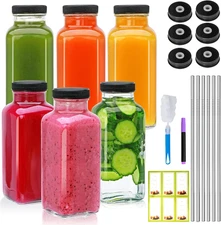 6-PC 12oz Glass Juice Bottles with Stainless Steels Straws 2 Types of Lids