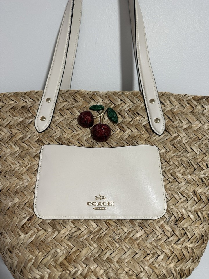 Coach Straw Tote Bag Cherry Accent White Leather Trim Woven Classic ...