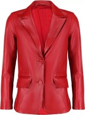 Blazer donna classico in pelle rossa 100% vera pelle di agnello giacca due...