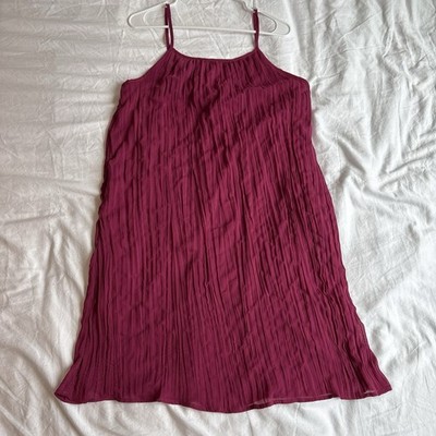 Pleated Mini Dress Berry Red Summer Spaghetti Strap Sz L Flowy Sundress