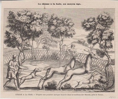 Orig. Holzstich: Chasse a la haie. D´apres une peinture antique trouvee dans le 