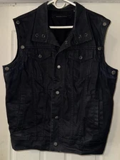 Sean John Vest Mens Large Black Denim Sleeveless Jacket Faux Leather Trim Urban