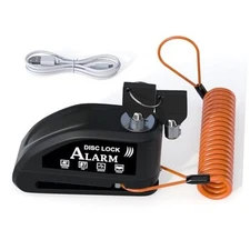 Motorcycle Lock Rechargeable, Alarm Disc Brake Lock with Reminder Cable, BLACK