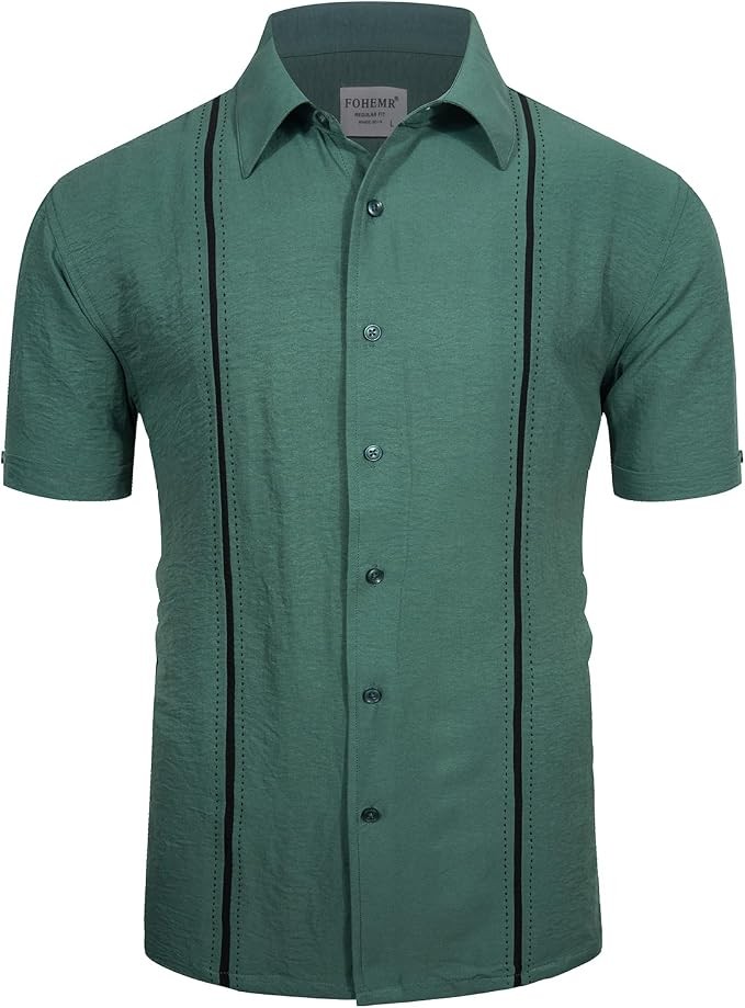 fohemr Mens Patchwork Short Sleeve Shirt Green Small Casual Polyester Button Dow