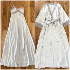 Vintage NWT Eve Stillman Peignoir Set Silver Gray Lace Gown Robe USA Petite P