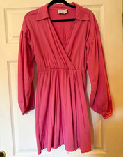 ASOS DESIGN Pink V-Neck Short Skater Dress Balloon Long Sleeve Cotton UK 4