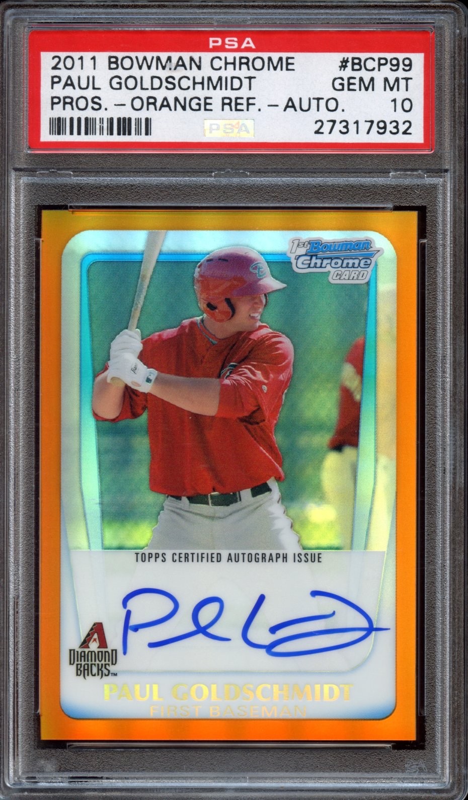2011 Bowman Chrome Paul Goldschmidt (Orange Refractor Auto /25) - PSA 10 GEM MT