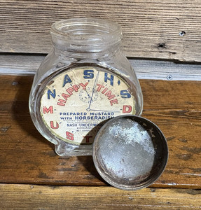 Vintage Nash's Mustard Glass Jar Embossed Clock Face Original Label Metal Lid