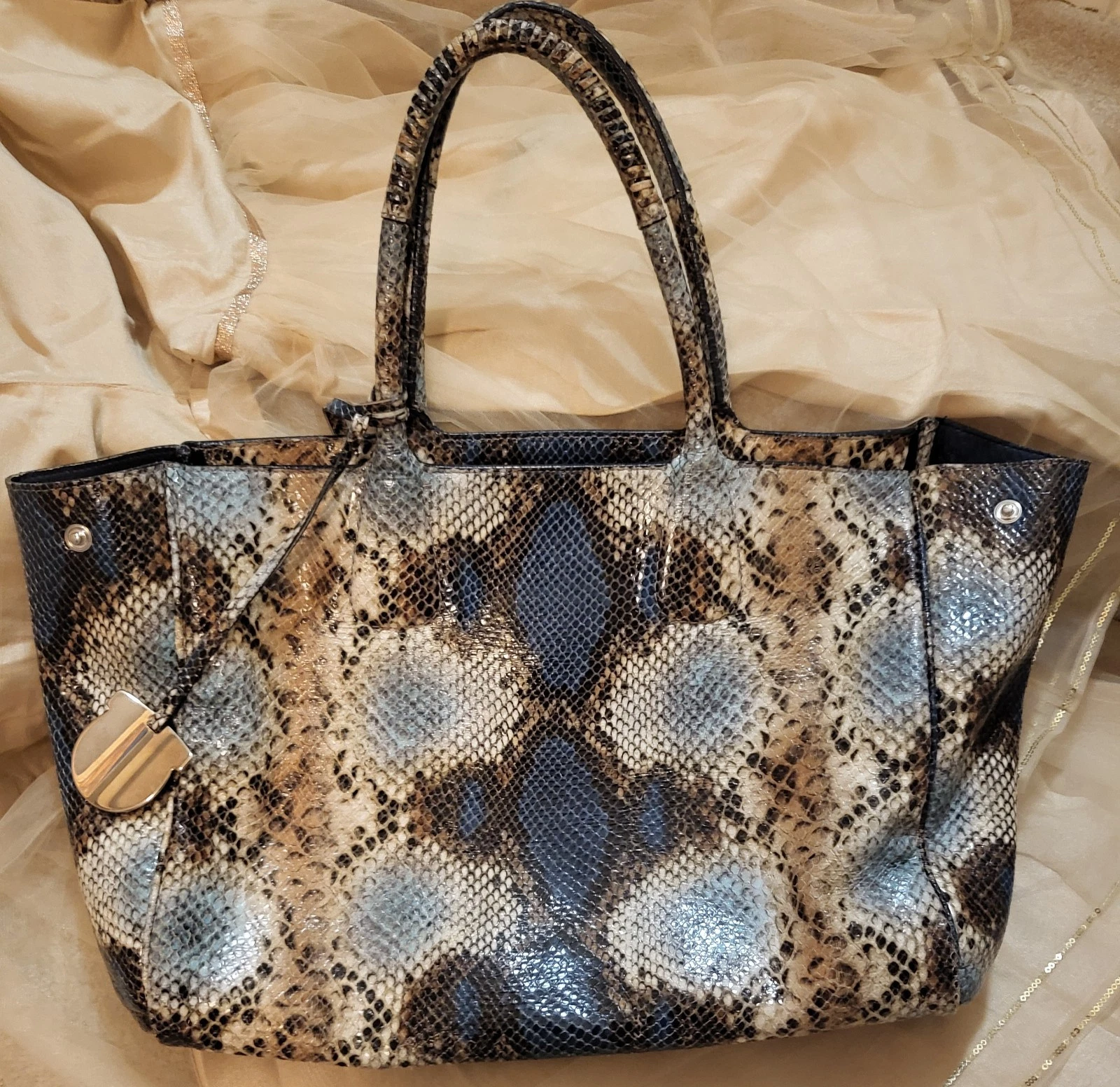 Ferragamo — Salvatore Ferragamo Python Design Blue Cream Leather Handbag Tote Hobo Limited E