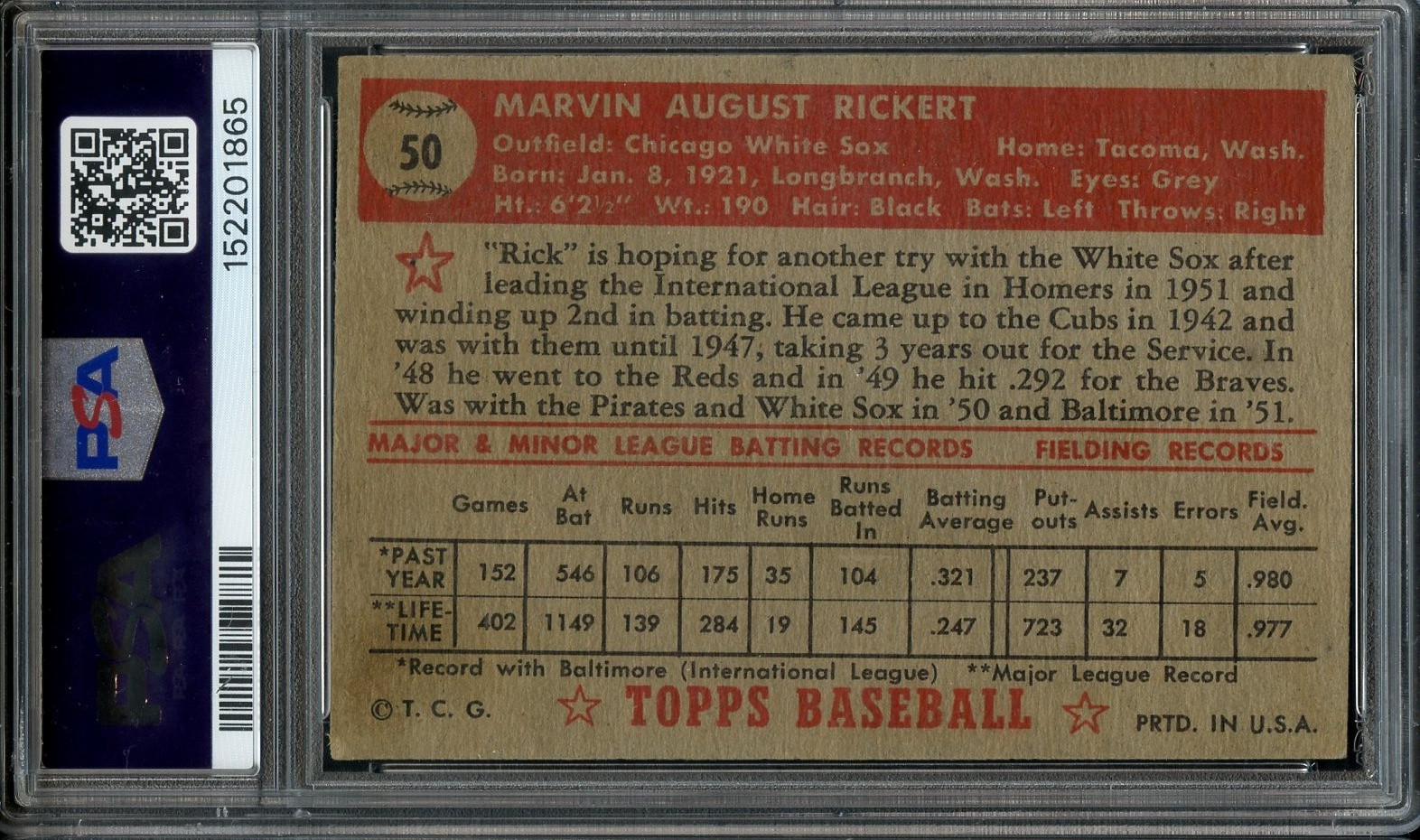 1952 Topps #50 Marv Rickert RC PSA 4 Chicago White Sox 1865 view 2