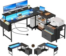L Shaped Corner Computer Desk with LED Lights, Storage & Drawers, 135 x 125 c...