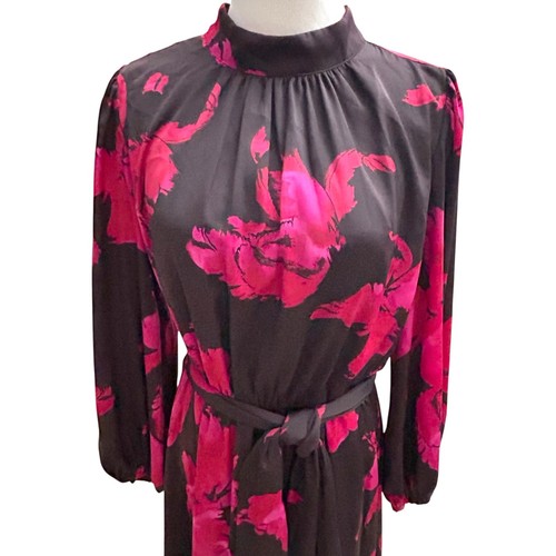 Nine West Women's Size L Midi Satin Dress with Big Pink Flowers Long Sleeve NWT - Picture 4 of 14