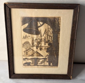 Vintage W W Nichols The Bell Ringer Etching Snow Village Framed Art