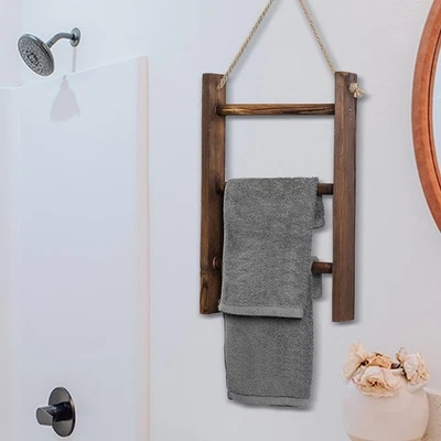 Porte-serviettes suspendu en bois, échelle de couverture avec corde, pour - Photo 1/4